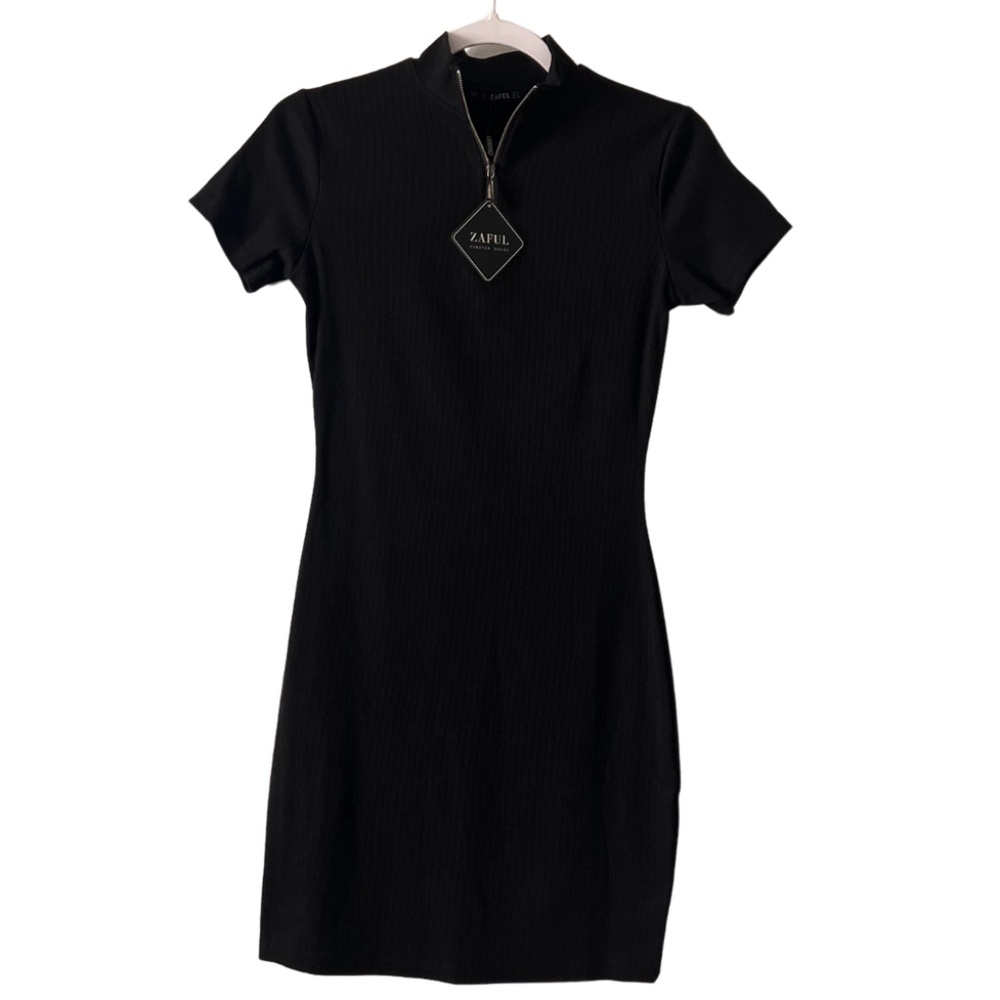 NWT ZAFUL FOREVER YOUNG Zip Collar Slim Mini Black Dress Size 4